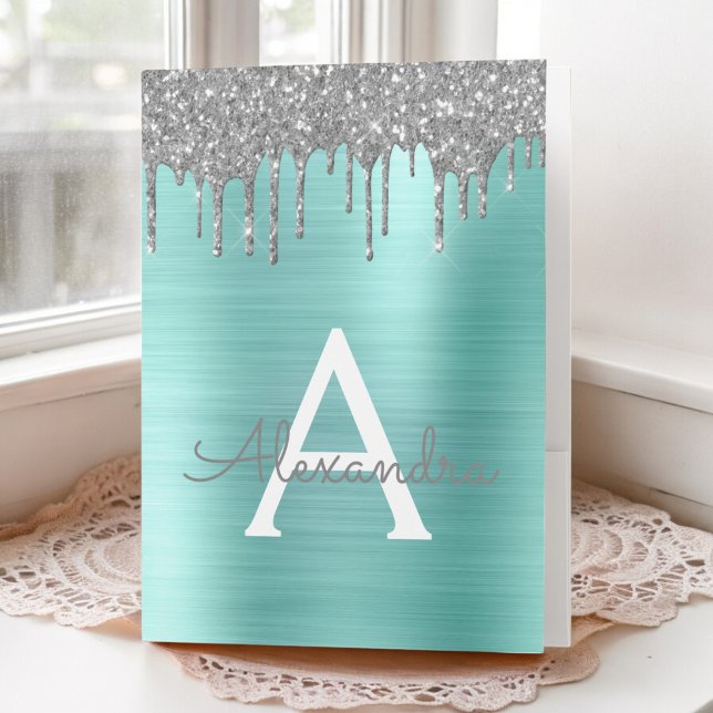Silver Teal Glitter Brushed Metal Monogram Name Pocket Folder (Creator Uploaded)