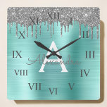 Silver Teal Glitter Brushed Metal Monogram Name Square Wall Clock<br><div class="desc">Silver and Teal Aqua Blue Faux Foil Metallic Sparkle Glitter Brushed Metal Monogram Name and Initial Luxury Wall Clock. This makes the perfect sweet 16 birthday,  wedding,  bridal shower,  anniversary,  baby shower or bachelorette party gift for someone that loves glam luxury and chic styles.</div>