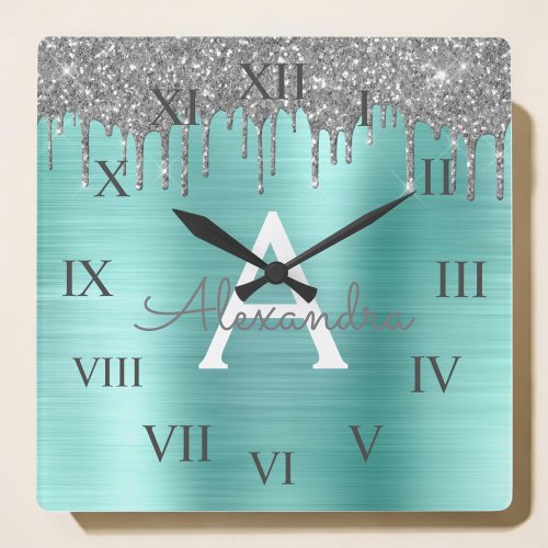 Silver Teal Glitter Brushed Metal Monogram Name Square Wall Clock