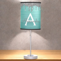 Silver Teal Glitter Brushed Metal Monogram Name Table Lamp