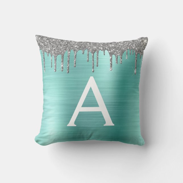 Silver Teal Glitter Brushed Metal Monogram Name Throw Pillow (Front)