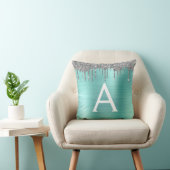 Silver Teal Glitter Brushed Metal Monogram Name Throw Pillow (Chair)
