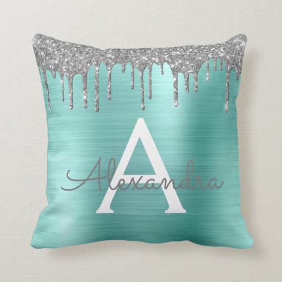 Silver Teal Glitter Brushed Metal Monogram Name Throw Pillow