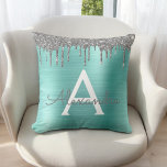 Silver Teal Glitter Brushed Metal Monogram Name Throw Pillow<br><div class="desc">Silver and Teal Aqua Blue Faux Foil Metallic Sparkle Glitter Brushed Metal Monogram Name and Initial Pillow. The pillow makes the perfect sweet 16 birthday,  wedding,  bridal shower,  anniversary,  baby shower or bachelorette party gift for someone decorating her room in trendy cool style.</div>