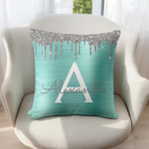 Silver Teal Glitter Brushed Metal Monogram Name Throw Pillow