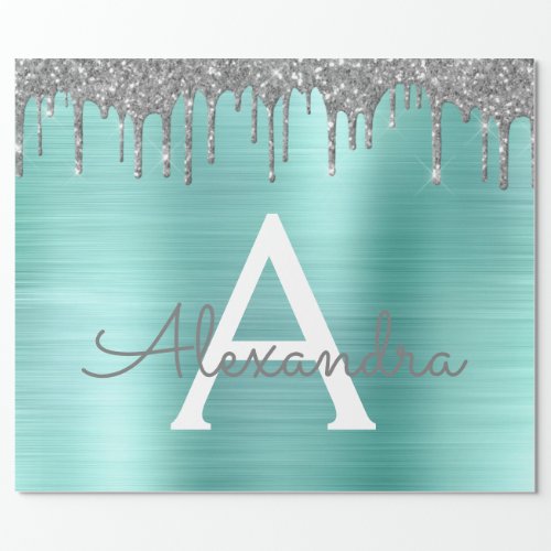 Silver Teal Glitter Brushed Metal Monogram Name Wrapping Paper
