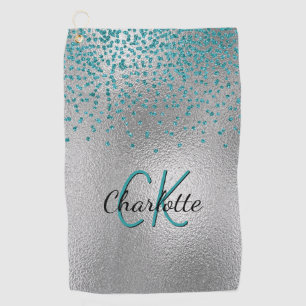 Silver teal glitter custom monogram green golf towel