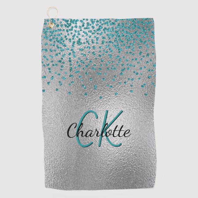 Silver teal glitter custom monogram green golf towel (Front)