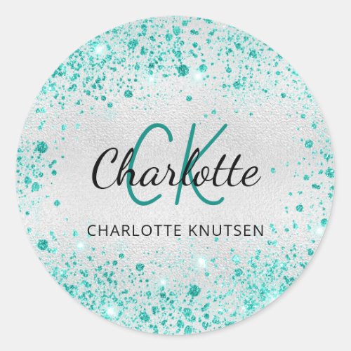 Silver teal glitter dust green monogram name classic round sticker