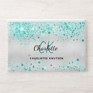 Silver teal glitter dust green monogram name HP laptop skin