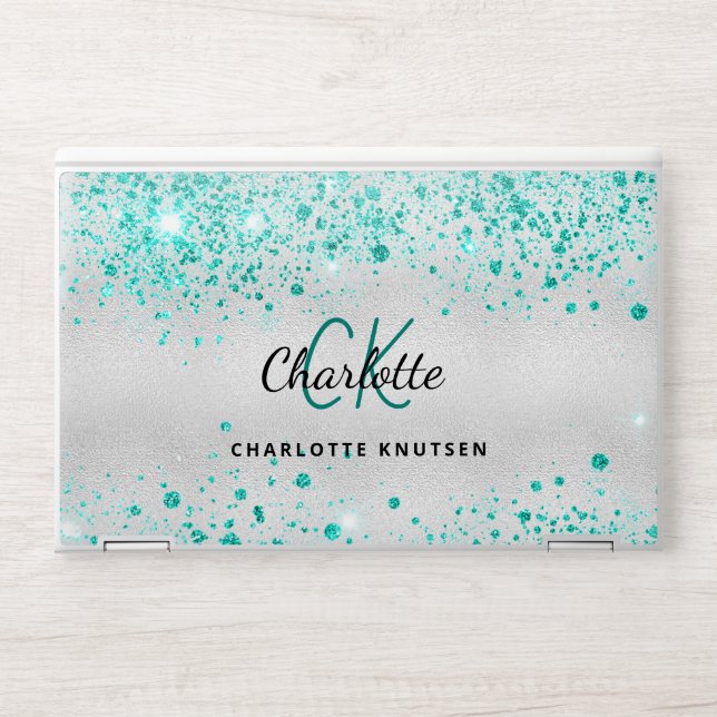 Silver teal glitter dust green monogram name  HP laptop skin (Front)