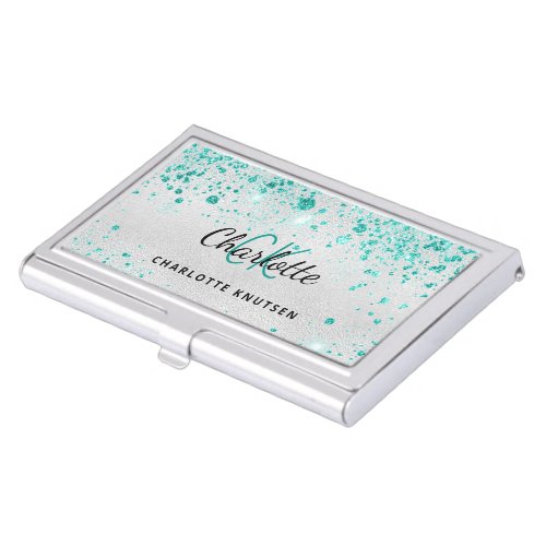 Silver teal glitter green monogram initails business card case