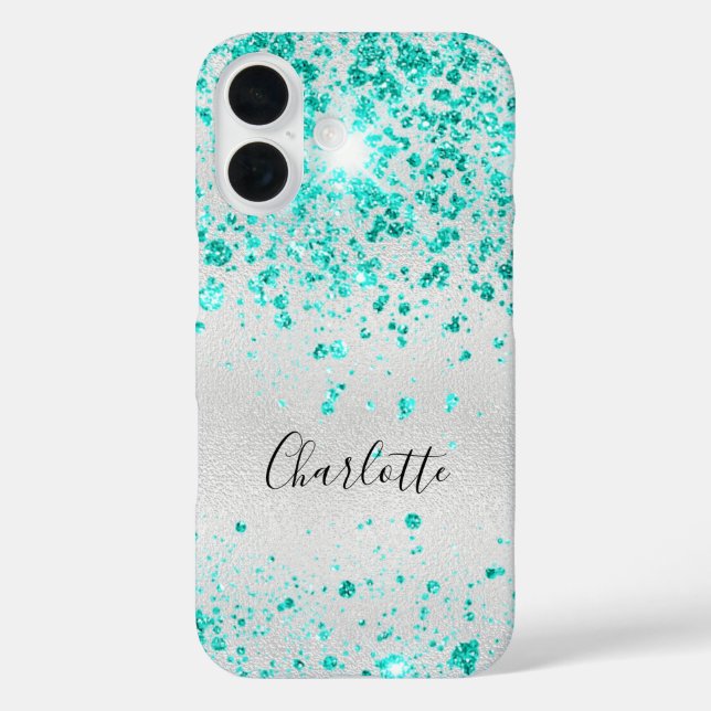 Silver teal glitter green monogram name Case-Mate iPhone case (Back)