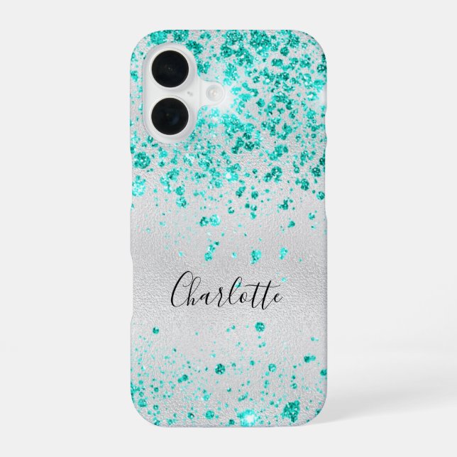Silver teal glitter green monogram name iphone case (Back)