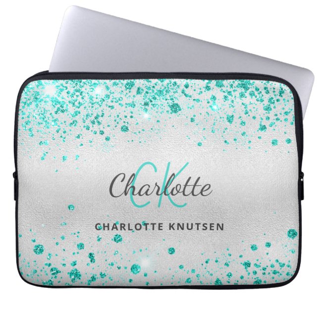 Silver teal glitter green monogram name laptop sleeve (Front)