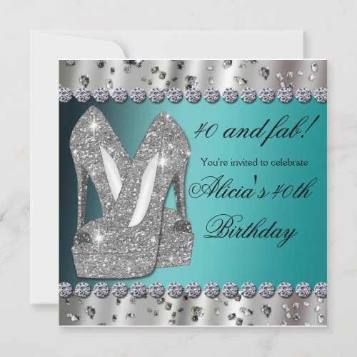 Silver Teal Glitter High Heels Party Invitation