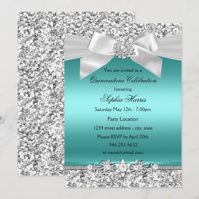 Silver Teal Glitter & Jewel Bow Quinceanera Invitation (Front/Back)