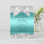 Silver Teal Glitter & Jewel Bow Quinceanera Invitation (Standing Front)
