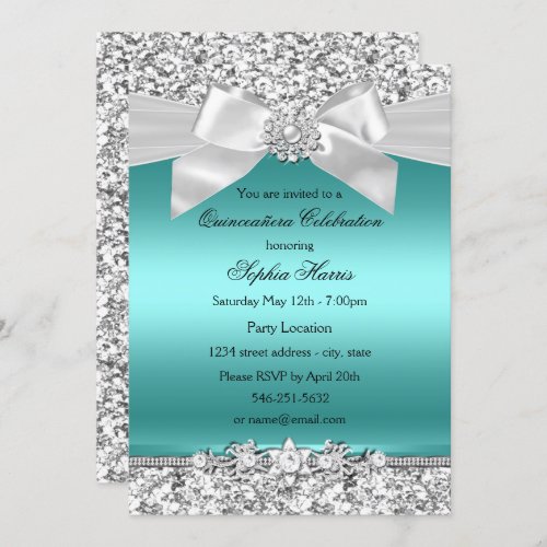 Silver Teal Glitter  Jewel Bow Quinceanera Invitation