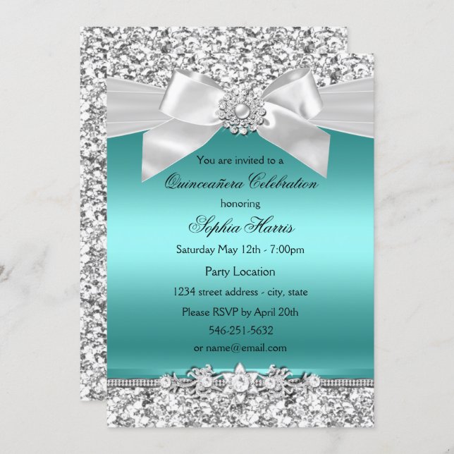 Silver Teal Glitter & Jewel Bow Quinceanera Invitation (Front/Back)
