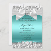 Silver Teal Glitter & Jewel Bow Quinceanera Invitation (Front)