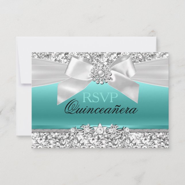 Silver Teal Glitter & Jewel Bow Quinceanera RSVP (Front)