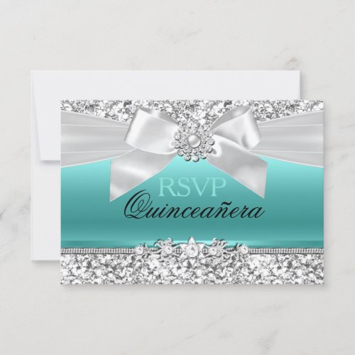 Silver Teal Glitter  Jewel Bow Quinceanera RSVP