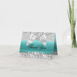 Silver Teal Glitter & Jewel Bow Thank You Card