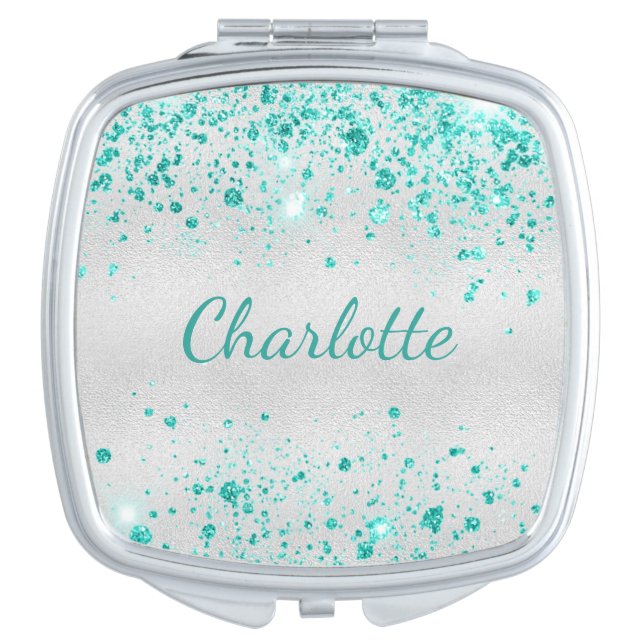 Silver teal glitter monogram name compact mirror (Front)