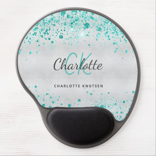 Silver teal glitter sea green monogram gel mouse pad