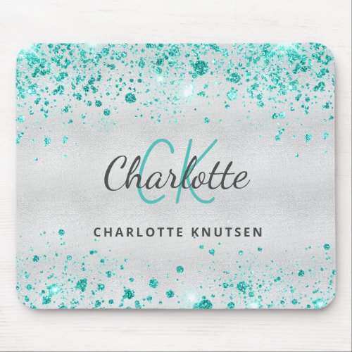 Silver teal glitter sea green monogram mouse pad