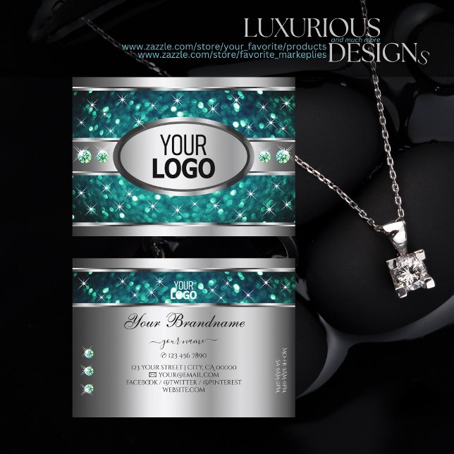 Silver Teal Glitter Sparkle Rhinestones add Logo Business Card (Creator Uploaded)