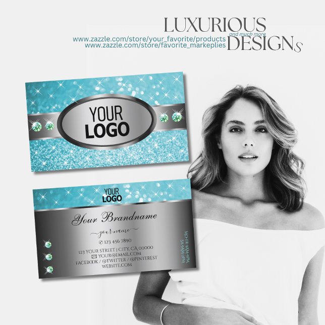 Silver Teal Glitter Sparkle Rhinestones and Logo Business Card (Creator Uploaded)