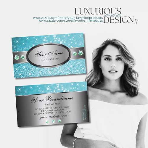 Silver Teal Glitter Sparkle Rhinestones Graphics Business Card