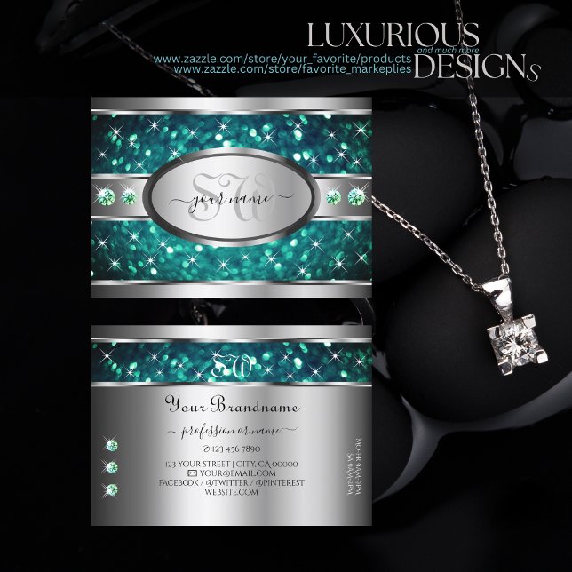 Silver Teal Glitter Sparkle Rhinestones Initials Business Card (Creator Uploaded)