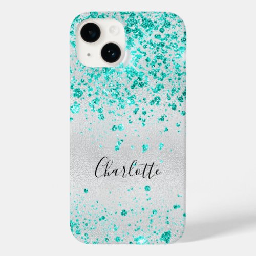 Silver teal glitter sparkles green monogram name Case_Mate iPhone 14 case