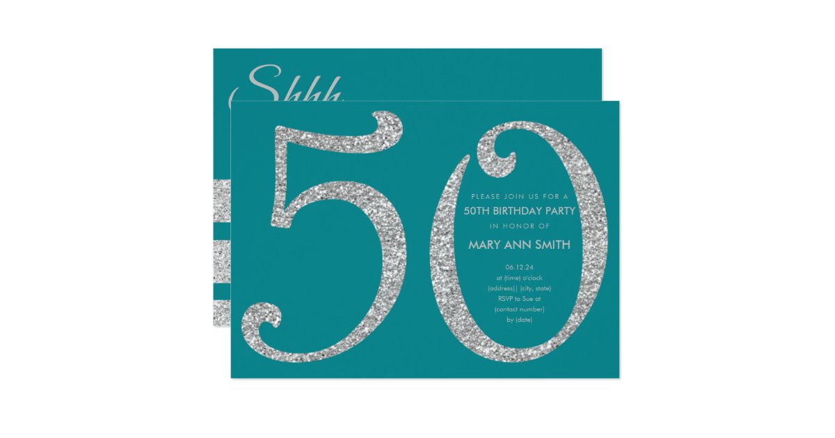Silver Teal Glitter Surprise 50th Birthday Party Invitation Zazzle Com