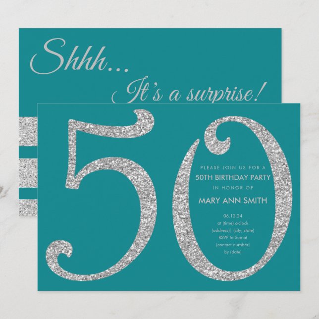 Silver Teal Glitter Surprise 50th Birthday Party Invitation (Front/Back)