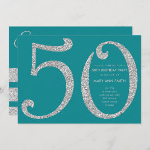 Silver Teal Glitter Surprise 50th Birthday Party Invitation