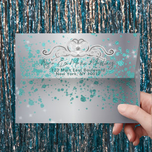 Silver Teal Jeweled Tiara Quinceañera Envelope