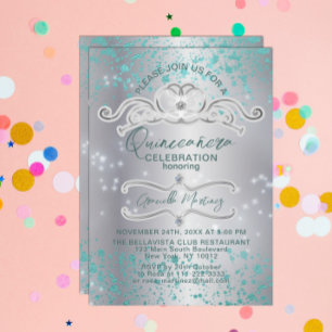 Silver Teal Jeweled Tiara Quinceañera Invitation