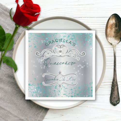 Silver Teal Jeweled Tiara Quinceaera Napkins