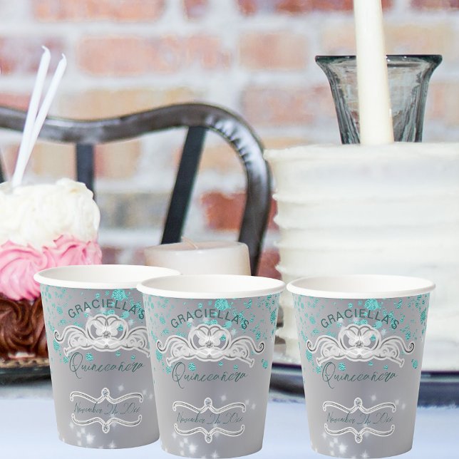 Silver Teal Jeweled Tiara Quinceañera Paper Cups (Creator Uploaded)