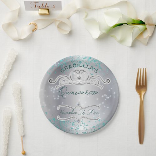 Silver Teal Jeweled Tiara Quinceaera Paper Plates