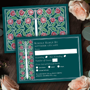 Silver Teal Medieval Floral Sword Wedding RSVP Card