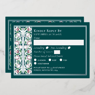 Silver Teal Medieval Floral Sword Wedding RSVP Foil Invitation