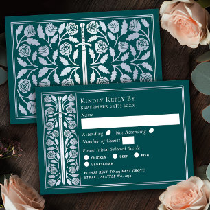 Silver Teal Medieval Sword Wedding RSVP Card