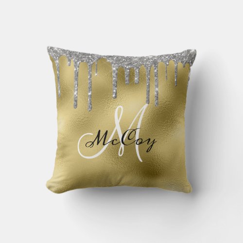 Silver Teal Metal Glitter Look Drips Monogram Thro Throw Pillow