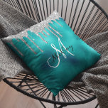 Silver Teal Metal Glitter Look Drips Monogram Throw Pillow<br><div class="desc">This design was created through digital art. It may be personalized by clicking the customize button and changing and add a name, initials or your favorite words. The glitter is simulated. Contact me at colorflowcreations@gmail.com if you with to have this design on another product. See more of my creations or...</div>