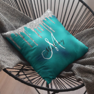 Silver Teal Metal Glitter Look Drips Monogram Throw Pillow